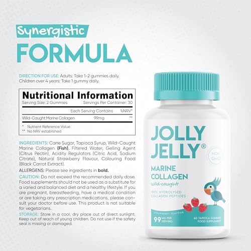 Marine Collagen Gummies by Jolly Jelly® - Wild-Caught Marine Collagen Tapioca Gummies - Type 1 Hydrolysed Collagen - Strawberry Flavour - 60 Gummies.