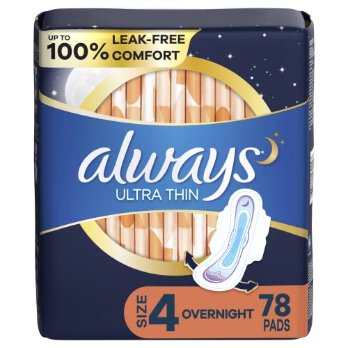 Always Ultra Thin Feminine Pads with Wings for Women, Size 4, Overnight Absorbency, Unscented