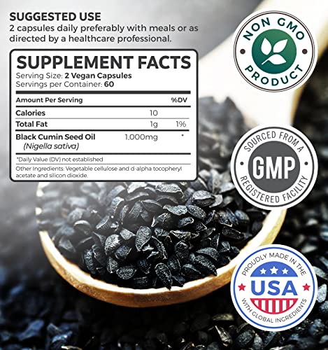 Black Seed Oil - 120 Softgel Capsules Skin Health (Non-GMO & Vegan) Cold-Pressed