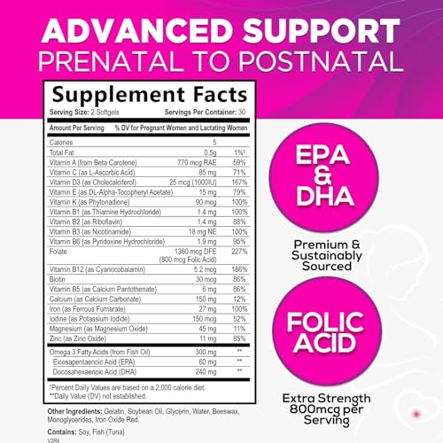 Women's Prenatal Multivitamin with Folic Acid & DHA, Prenatal Vitamins w/ Folate, Omega 3