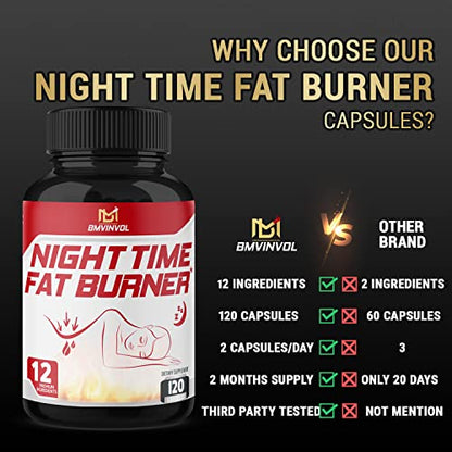 BMVINVOL Night Time Fat Burner 120Capsules, 12-in-1 Powerful Blend of Green Tea