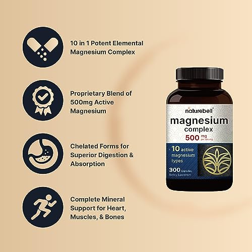 NatureBell Magnesium Complex Supplement 500mg, 300 Capsules | 10 Active Forms