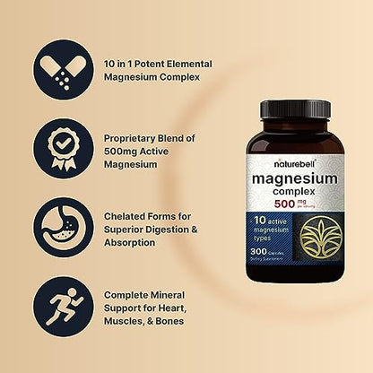 NatureBell Magnesium Complex Supplement 500mg, 300 Capsules | 10 Active Forms