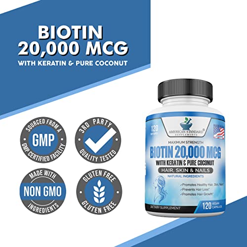 Biotin 20,000mcg with Keratin, Organic Coconut and Zinc, Hair Growth Supplements, Biotin