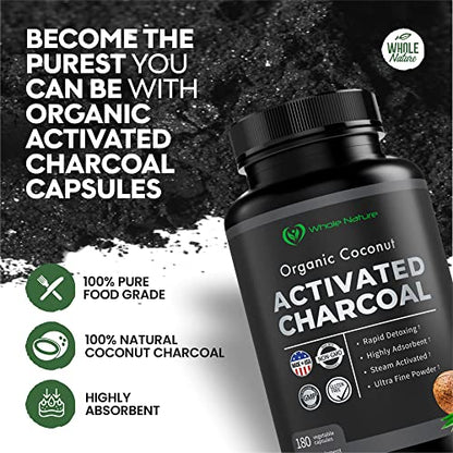 Activated Charcoal Capsules, 180 Vegan Pills Highly Absorbent Helps Reduce Gas, Bloating