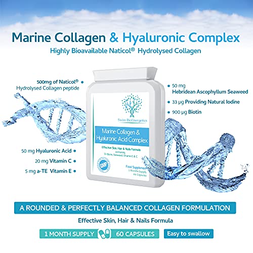 Marine Collagen & Hyaluronic Acid Complex - 60 Capsules - 500mg of Highly Bioavailable Naticol® Hydrolysed Collagen