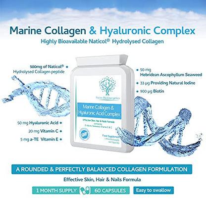 Marine Collagen & Hyaluronic Acid Complex - 60 Capsules - 500mg of Highly Bioavailable Naticol® Hydrolysed Collagen