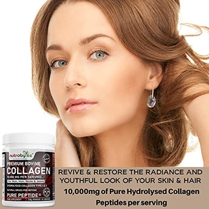 Pure Hydrolysed Collagen Powder 10000mg Bovine Type 1 & 3 Unflavoured|High Strength Protein Peptides for Women & Men