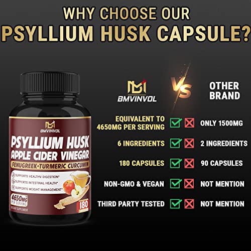 BMVINVOL Psyllium Husk Fiber Supplement 4650mg - Apple Cider Vinegar, Fenugreek