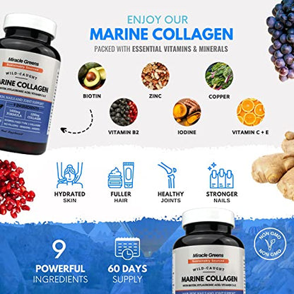 Marine Collagen 1400mg | 120 Capsules with Biotin, Hyaluronic Acid, Vitamin C, E, B2, Zinc, Copper & Iodine