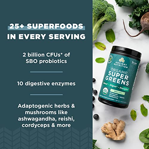 SuperGreens Powder with Probiotics by Ancient Nutrition, Organic Peppermint Flavor Green