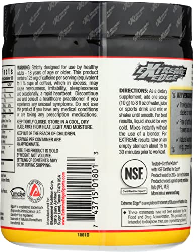 Bluebonnet Nutrition Extreme Edge Pre workout, Muscle Recharging Formula*, Increases Nitric Oxide (NO) levels*, Soy-Free, Dairy-Free, Lemon, 0.66 LB, 30 Servings