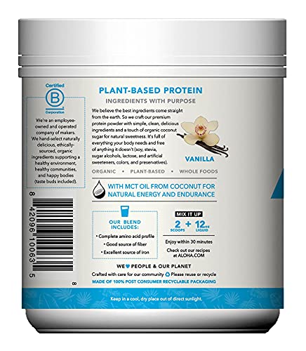 ALOHA Organic Plant Based Protein Powder, Stevia Free, Vanilla, 19.6 oz, 15 Servings