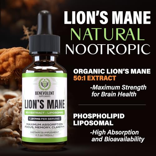 50:1 Lion's Mane Extract - Mushroom Tincture Lions Mane Liquid Drops & Phospholipid Liposomal