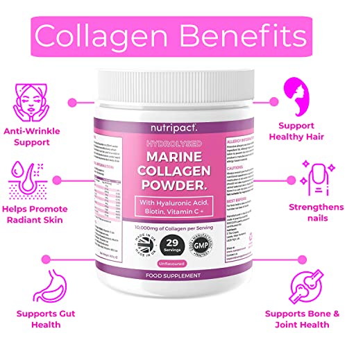 Hydrolysed Marine Collagen Peptides Powder with Hyaluronic Acid, Biotin, Vitamin C & B Vitamins – 10,000mg Collagen