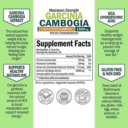 Garcinia Cambogia Weight Loss Pills - 1500mg HCA Pure Extract - Fast Acting Appetite Suppressant