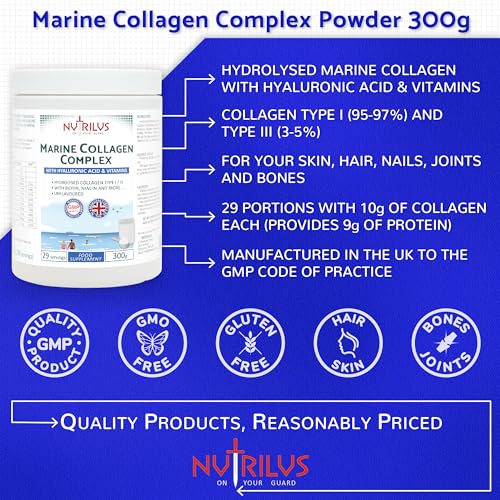 Hydrolysed Marine Collagen Powder 300g with Hyaluronic Acid and Vitamins - 29 Servings