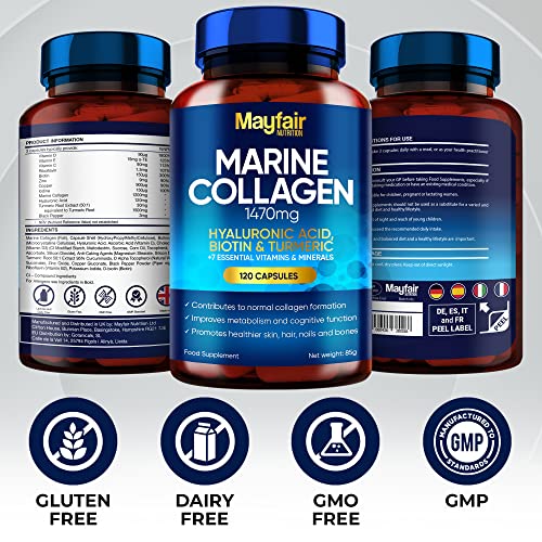 Mayfair Nutrition Marine Collagen 120 High Strength Capsules 1470mg Complex with Hyaluronic Acid