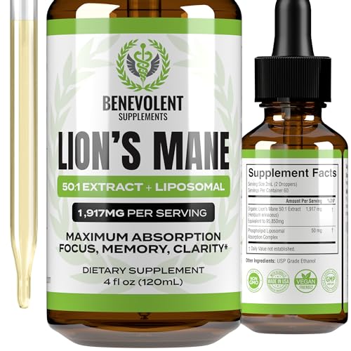 50:1 Lion's Mane Extract - Mushroom Tincture Lions Mane Liquid Drops & Phospholipid Liposomal 