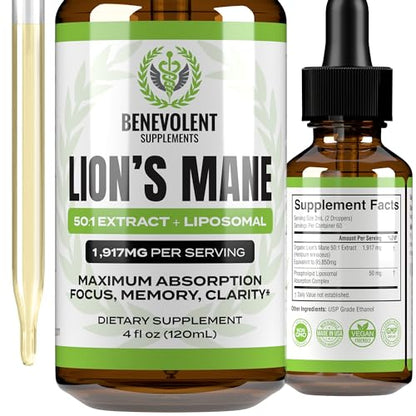 50:1 Lion's Mane Extract - Mushroom Tincture Lions Mane Liquid Drops & Phospholipid Liposomal 