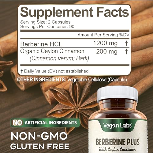 Vegan Labs Berberine HCL 1200MG with Organic Ceylon Cinnamon- 180