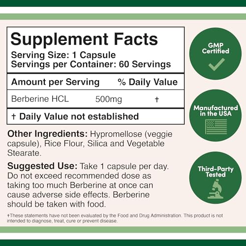 Berberine Supplement 500mg, 60 Capsules (Third Party Tested, Manufactured in The USA