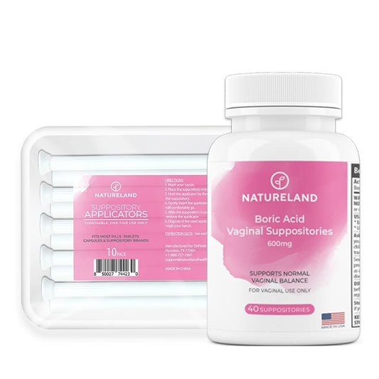 Natureland [40 Count Boric Acid Suppositories 600mg w/ [10 Pack] Vaginal Applicator - Feminine Care