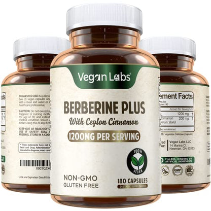 Vegan Labs Berberine HCL 1200MG with Organic Ceylon Cinnamon- 180