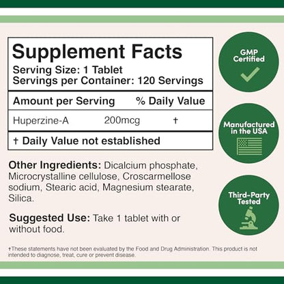 Huperzine A 200mcg (Third Party Tested) Manufactured in The USA, 120 Tablets, Brain