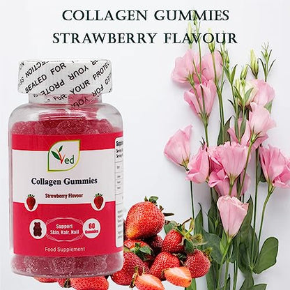 Ved Collagen Gummies; Chew Gummies Strawberry Flavour, Raw Unfiltered Collagen Gummies