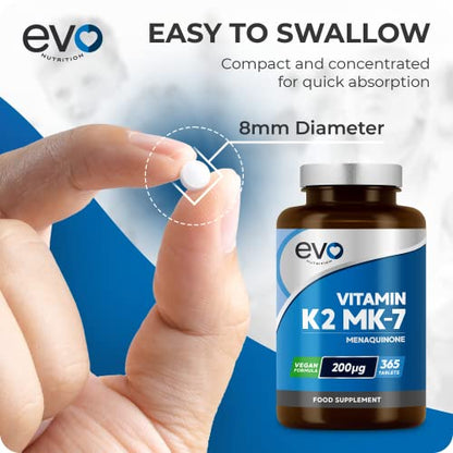 EVO NUTRITION Vitamin K2 MK-7 200mcg | 365 Vegetarian and Vegan Tablets