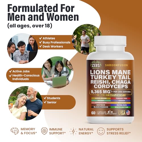 Zeus Naturals Lions Mane Capsules, Mushroom Supplement with Turkey Tail, Cordyceps