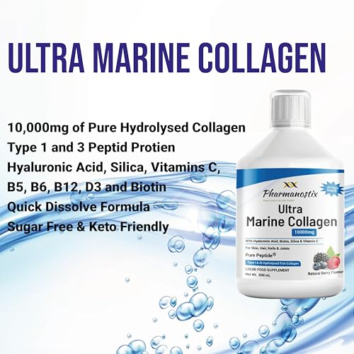 Marine Collagen Liquid 10000mg Sugar Free Berry Flavour, Hydrolysed Peptides, Hyaluronic Acid, Biotin, Silica, Vitamin C, Healthy Skin