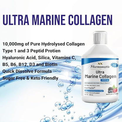 Marine Collagen Liquid 10000mg Sugar Free Berry Flavour, Hydrolysed Peptides, Hyaluronic Acid, Biotin, Silica, Vitamin C, Healthy Skin