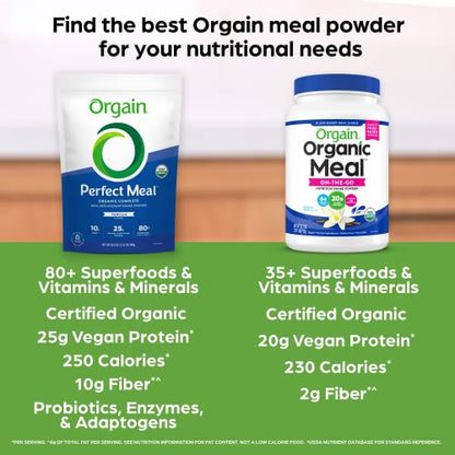 Orgain Organic Perfect Meal Replacement Protein Powder, Vanilla - 25g Plant Based Protein