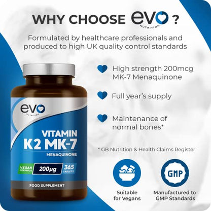 EVO NUTRITION Vitamin K2 MK-7 200mcg | 365 Vegetarian and Vegan Tablets