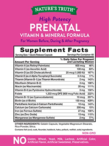 Prenatal Vitamins With Folic Acid | 60 Capsules | Non-GMO & Gluten Free Supplement