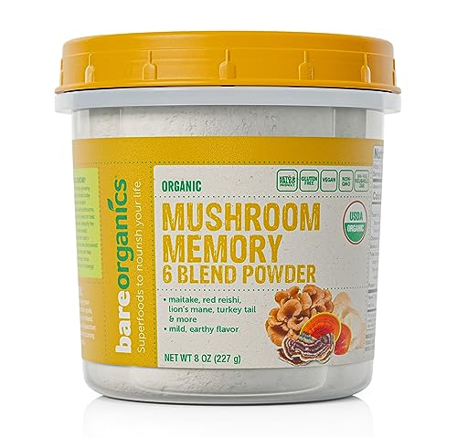 BareOrganics Mushroom Memory 6 Blend Powder, Non-GMO & Gluten-Free, Maitake