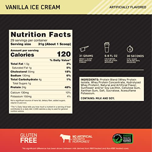 Optimum Nutrition Gold Standard 100% Whey Protein Powder, Vanilla Ice Cream, 2 Pound