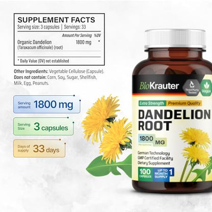 BIO KRAUTER Dandelion Root Capsules - Organic Dandelion Root Supplement - Vegan