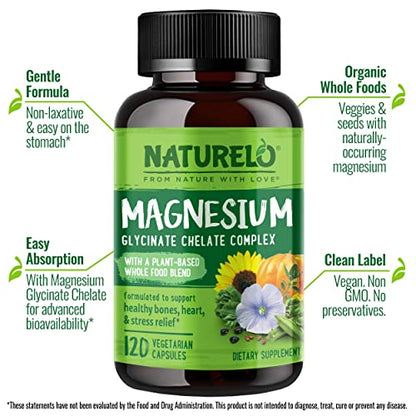 NATURELO Magnesium Glycinate Chelate Complex - 200 mg Magnesium with Organic