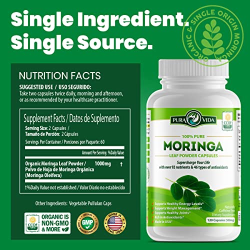 PURA VIDA MORINGA Moringa Capsules Single Origin Organic Moringa Powder. Moringa