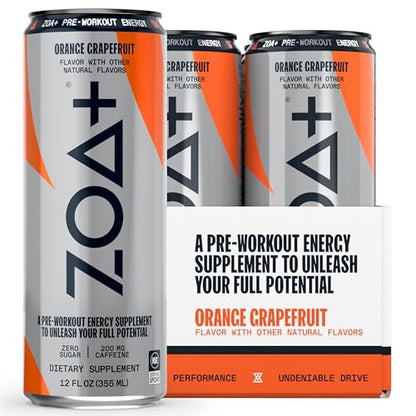 ZOA+ Pre-Workout Sugar Free Energy Drink, Orange Grapefruit - NSF Certified for Sport with Nitric Oxide Support, B & D Vitamins, Amino Acids, and Electrolytes - 12 Fl Oz (Pack of 48))