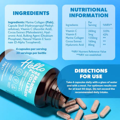 Marine Collagen Capsules - 1855mg - 120 Capsules - Enriched with Hyaluronic Acid & Vitamins C & E