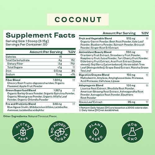 Bloom Nutrition Super Greens Powder Smoothie & Juice Mix (Coconut)