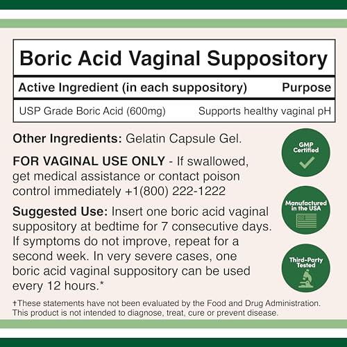 Boric Acid Vaginal Suppositories (600mg, 60 Count) Supports Vaginal pH Balance, Odor Control