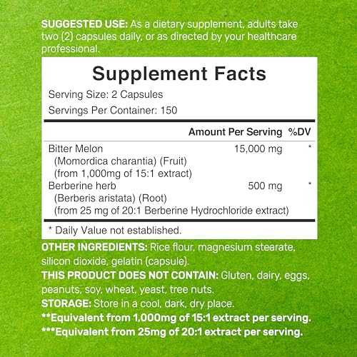 Bitter Melon with Berberine Supplement 15,000mg Per Serving, 300 Capsules | 15:1 Wild