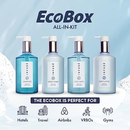 A 20 Piece Ecobox All-In-Kit of our Infuse | White Tea and Coconut Soap | 6 Shampoo