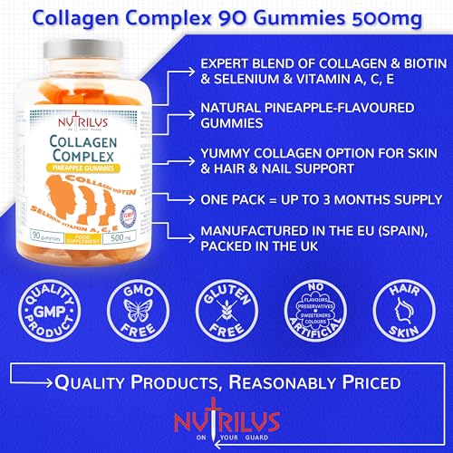 Collagen Complex 90 Natural Pineapple Gummies 500mg - Large Pack - with Biotin & Selenium