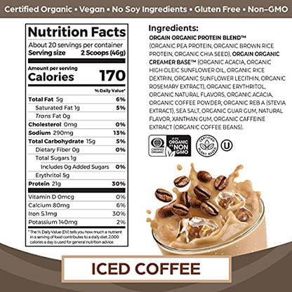 Orgain Organic Vegan Protein Powder, Iced Coffee - 21g Plant Based Protein, Gluten Free